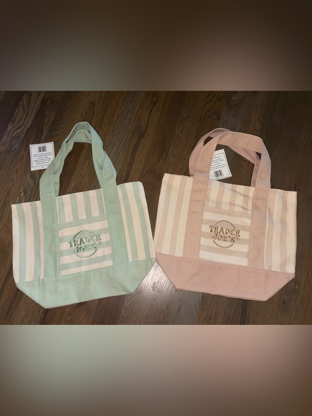 NWT Trader Joe's Mini Canvas Tote Bag Set Pink Green Pastel Striped Rare
